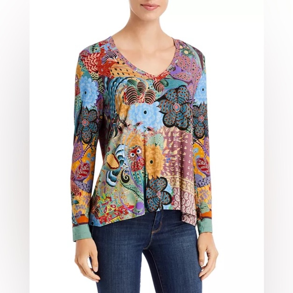 Johnny Was Madison Favorite 3/4 Sleeve V-Neck Swing Tee Size Small‎ Multicolor